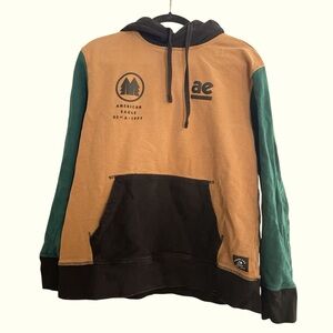 American Eagle USA 1977 Tan‎ Black Colorblock Hoodie Pullover Size L Gorpcore